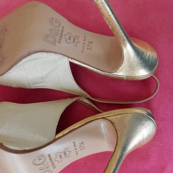 D&G Dolce & Gabbana Italy Cream Gold Silk Heels 37.5 US 7.5 - Picture 14 of 15
